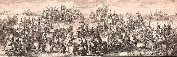 Première bataille du cap Finisterre - gravure hollandais - aucun navire n'explose contrairement à ce que laisse entendre l'image